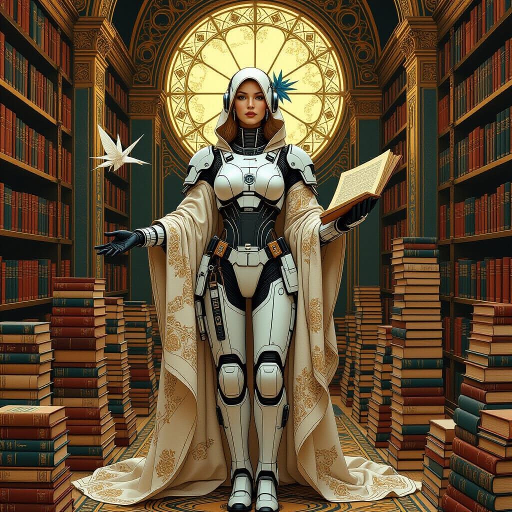 Deity in Spacesuit Among Vintage Books, Art Nouveau Style
