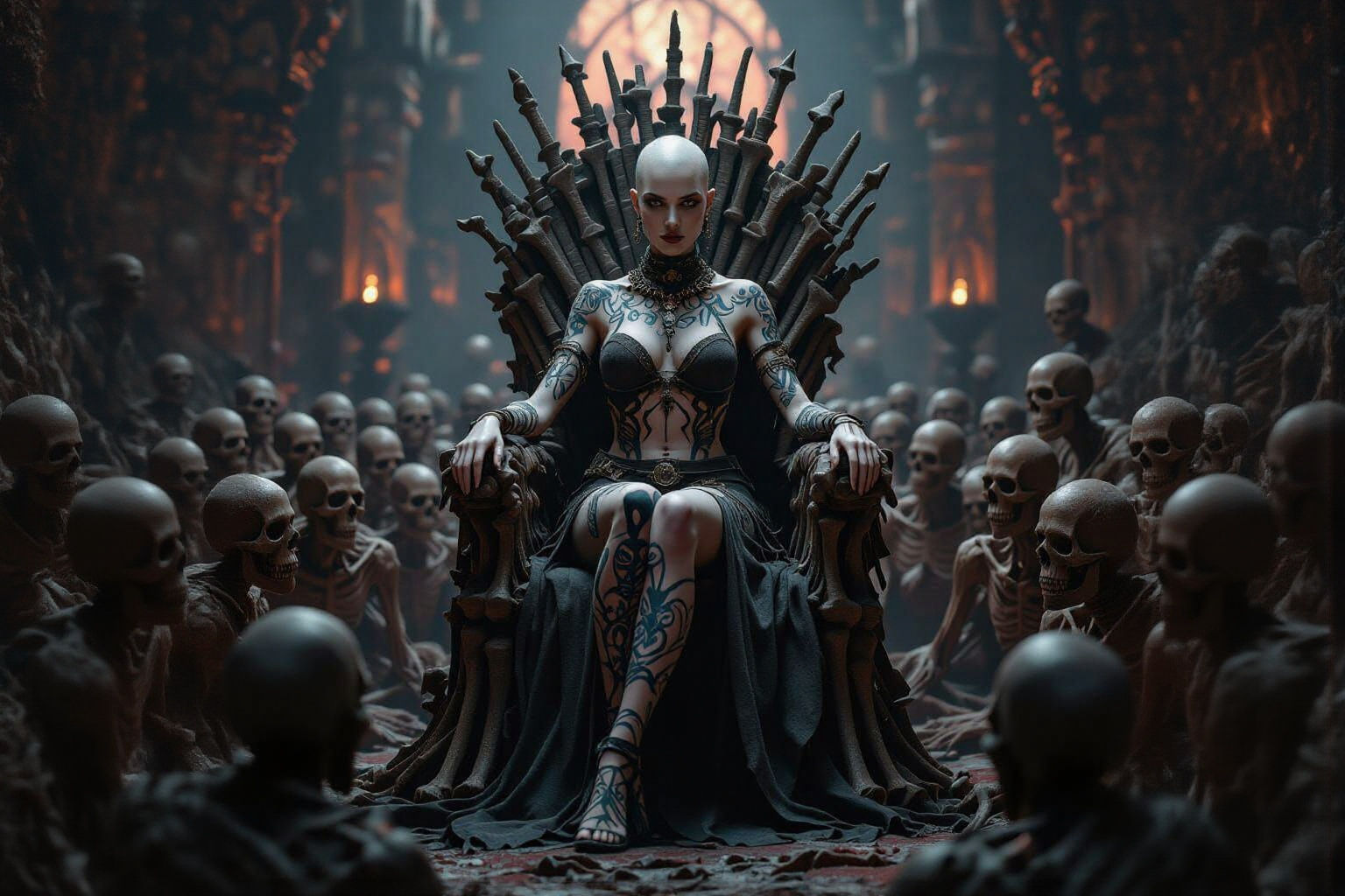 Pale Necromancer Queen on Bone Throne, Fantasy Concept Art