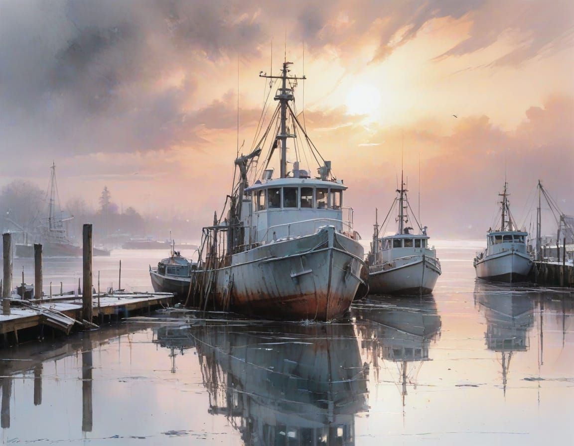 Frosted Trawler at Winter Harbor in Watercolor Style