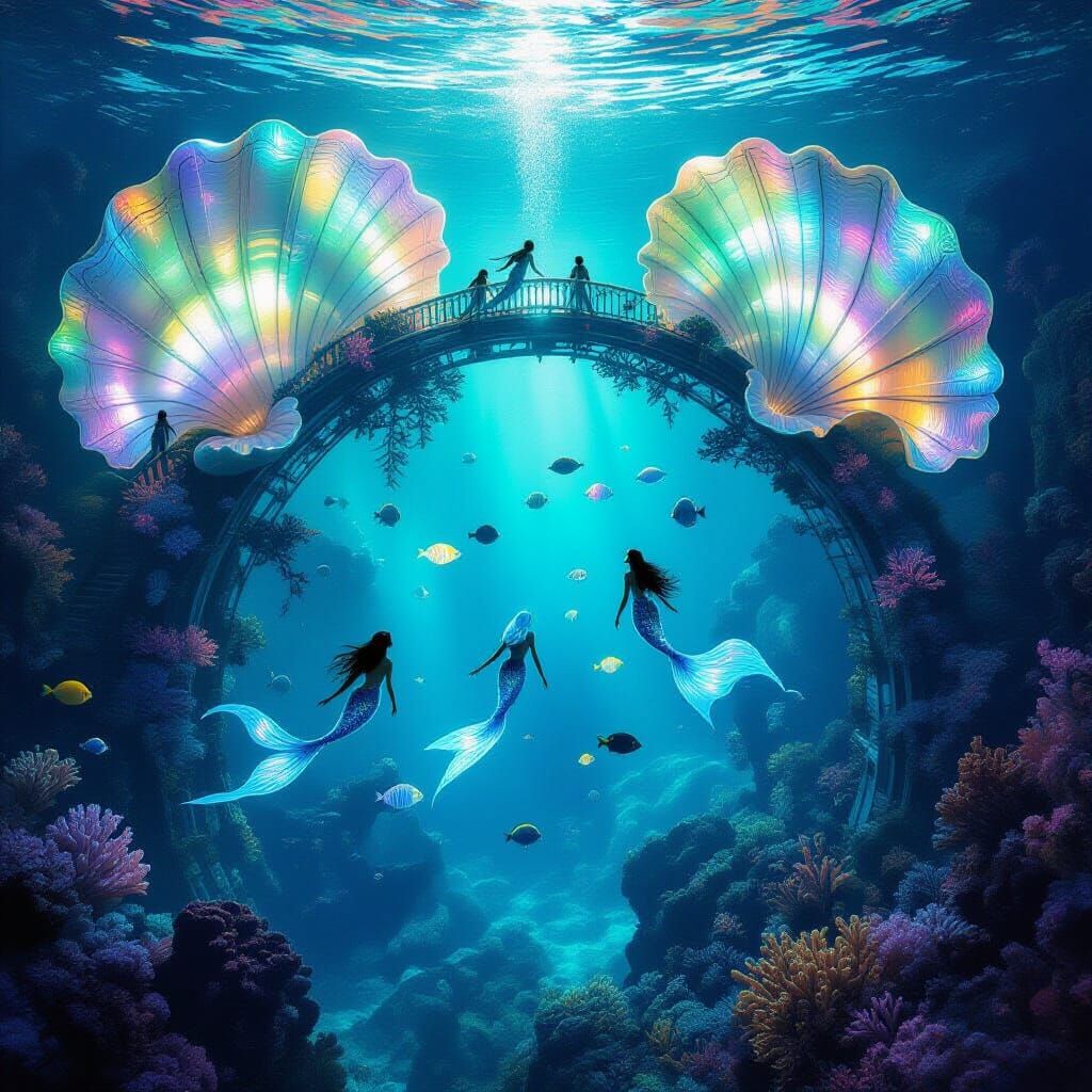 Underwater Seashell City with Merfolk and Bioluminescent Fis...