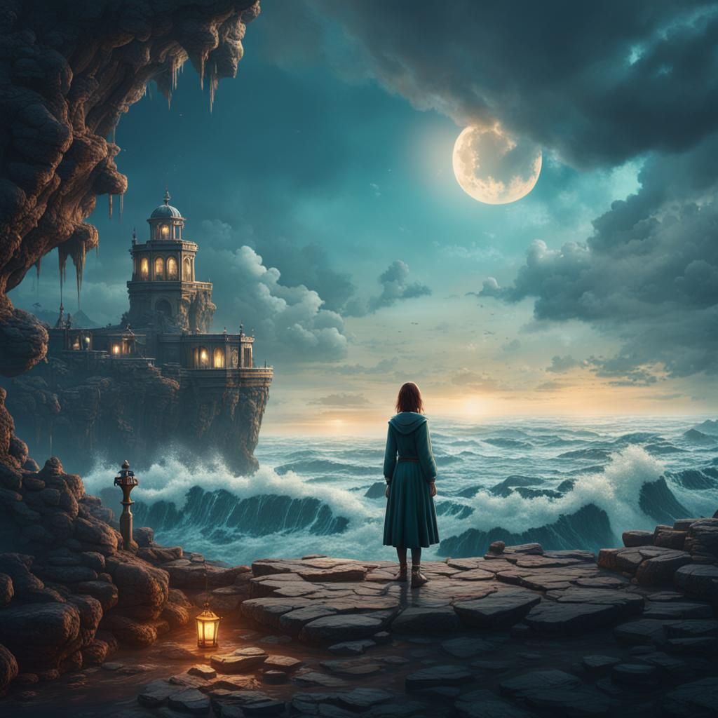 Lonely Girl Stares at Ocean: Detailed Matte Painting