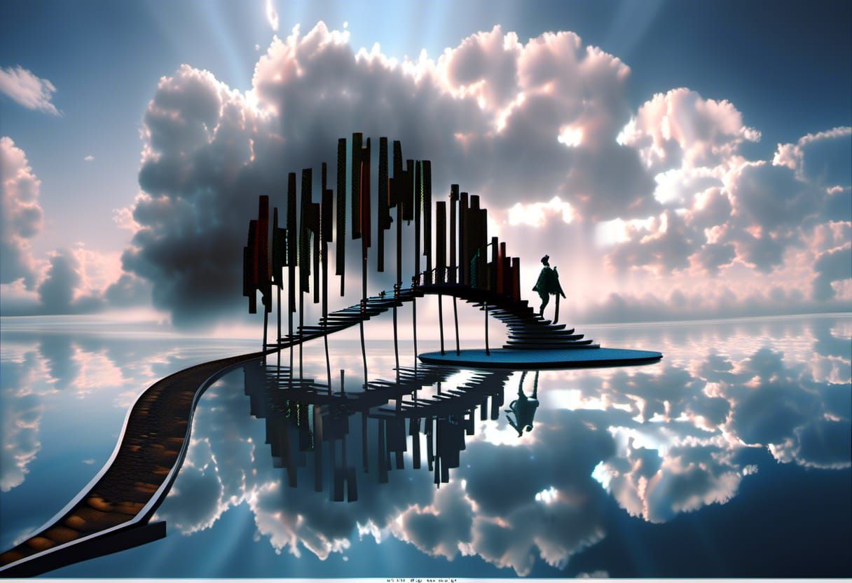 Surreal Being Walking on Arch in Liminal Space