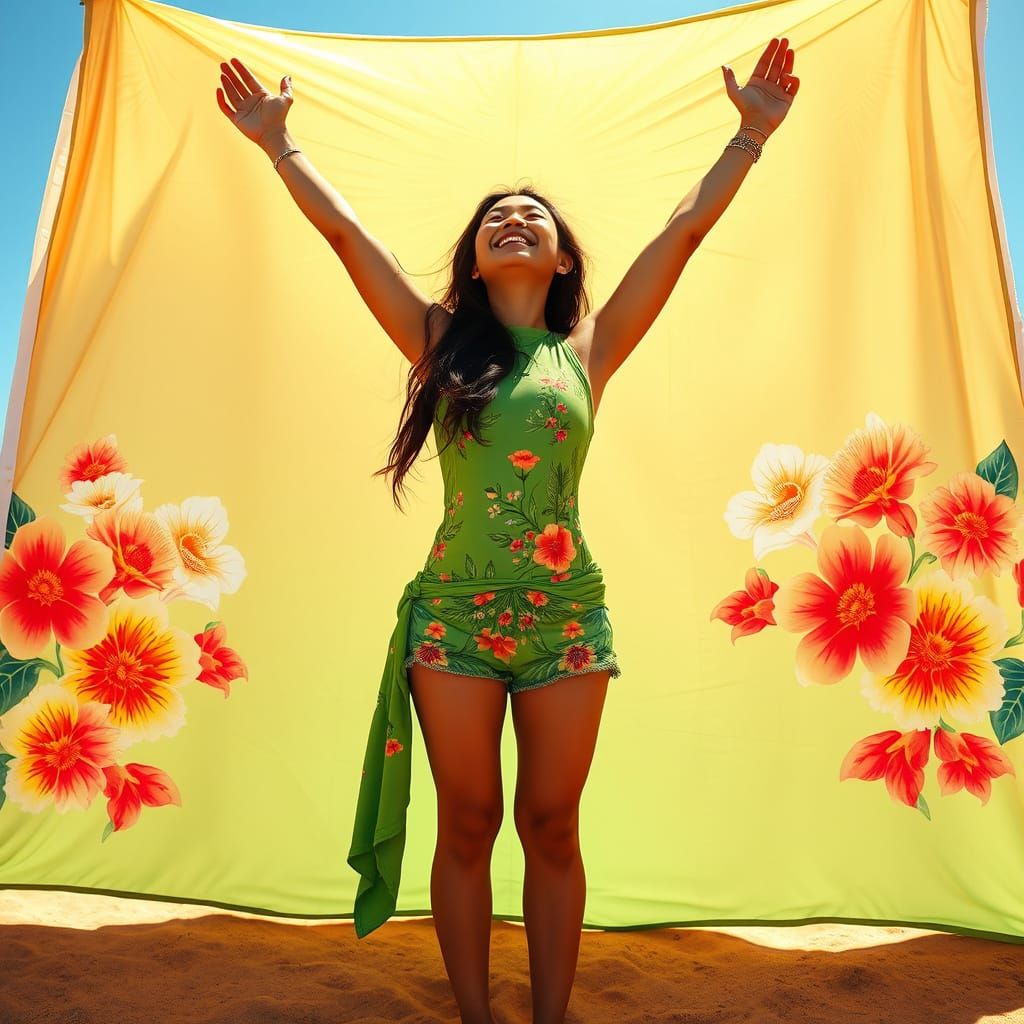 A happy Asian woman on the beach