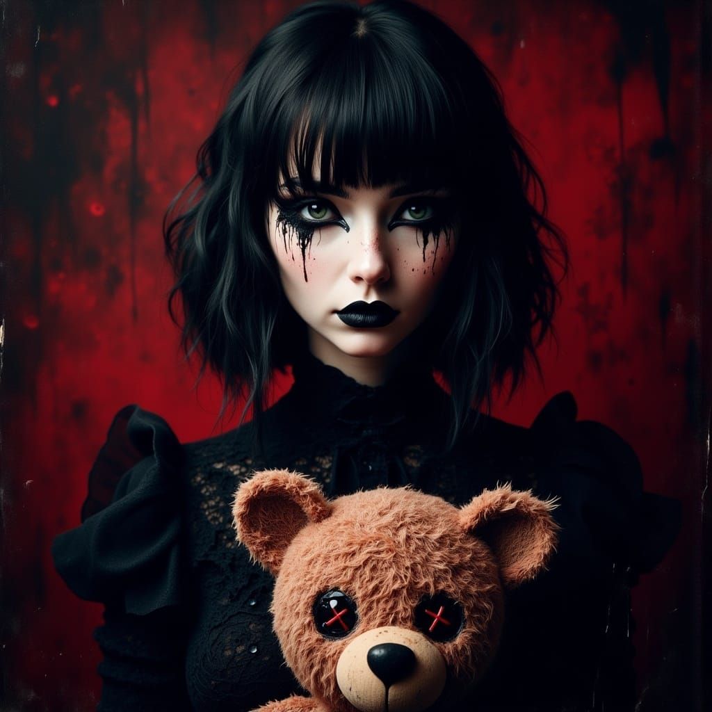 Goth Realism Woman with Dark Hair and Red X Teddy Bear