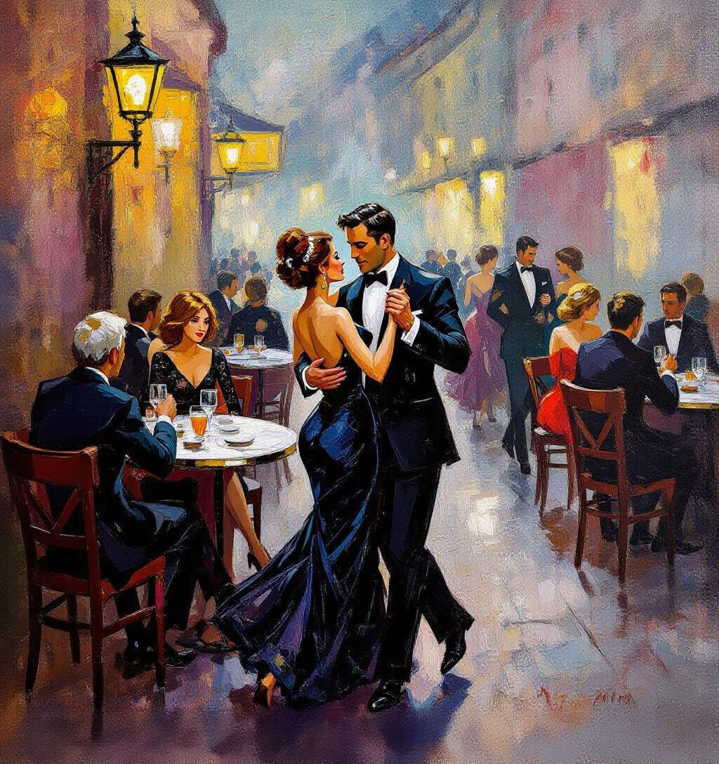 Art Deco Tango Scene with Couples Dancing in Cafe