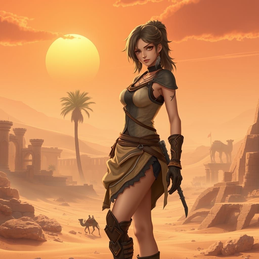 Desert Warrior Goddess with Falcon Feather Earrings and Leat...