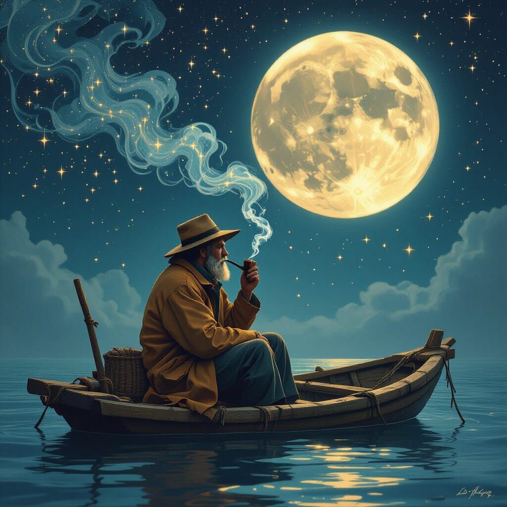 Fisherman's Dream: Celestial Sea Under Moonlit Sky