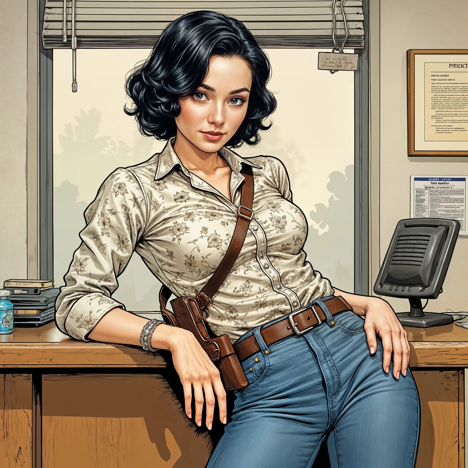 Comic Art of Woman in Police Station Office