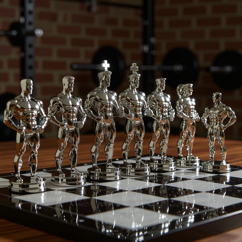 Muscular Men Chrome Chess Set in Fitness Poses