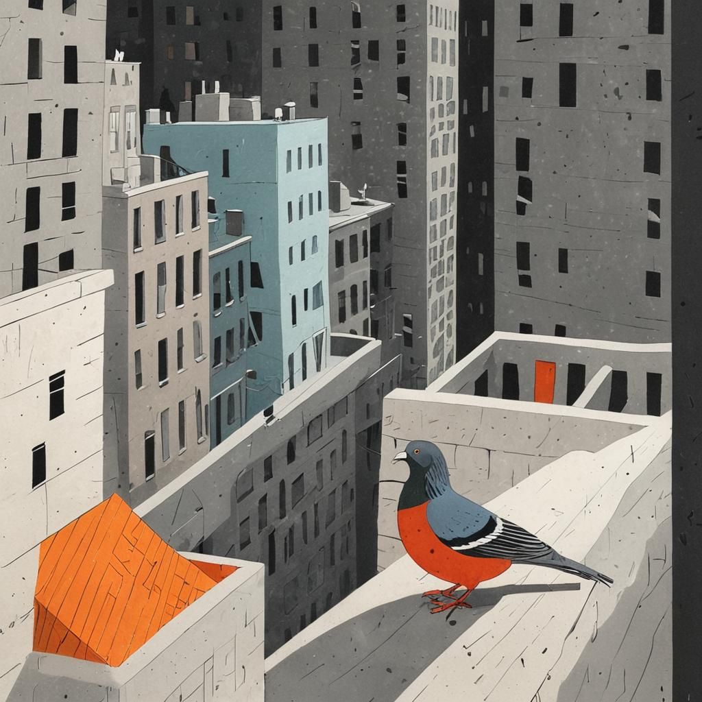 Pigeon on Ledge in Mid-Century Modern Style