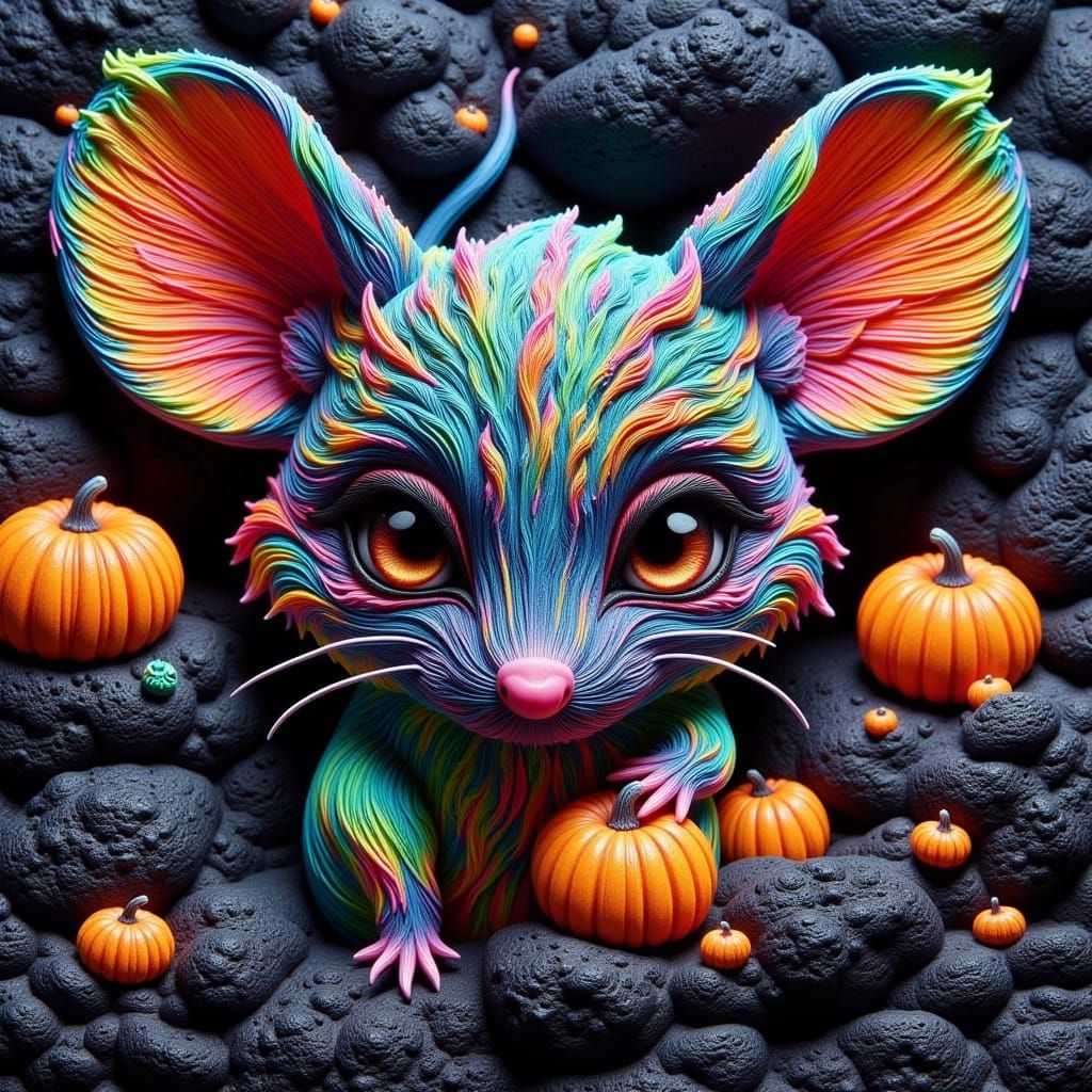 Chibi Mouse in Vibrant Halloween Cosmetics on Textured Plast...