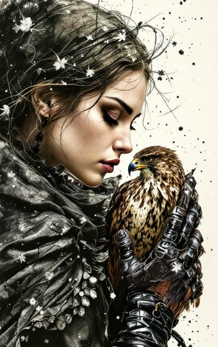 Lady Hawk in Leather Gauntlets: Ink and Charcoal Illustratio...
