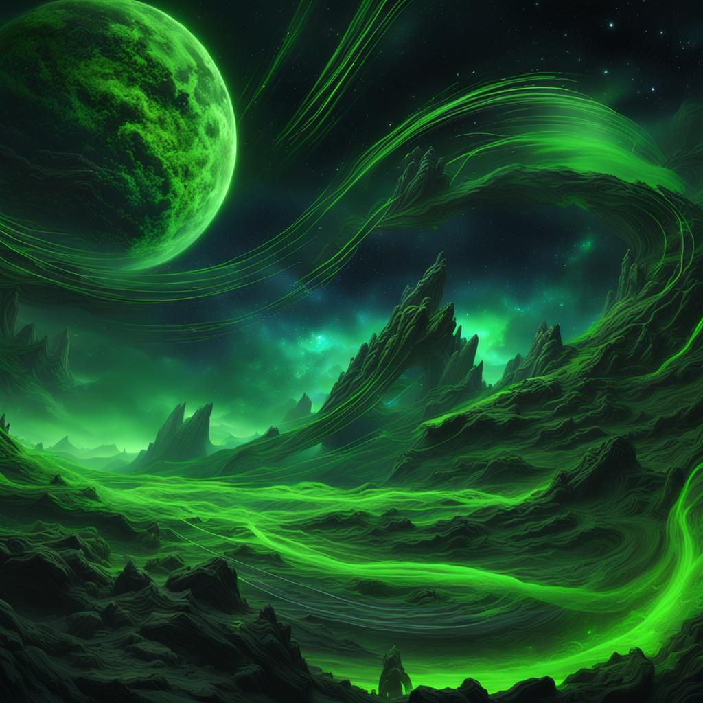 Vibrant Neon Green Swirls in the Night Sky