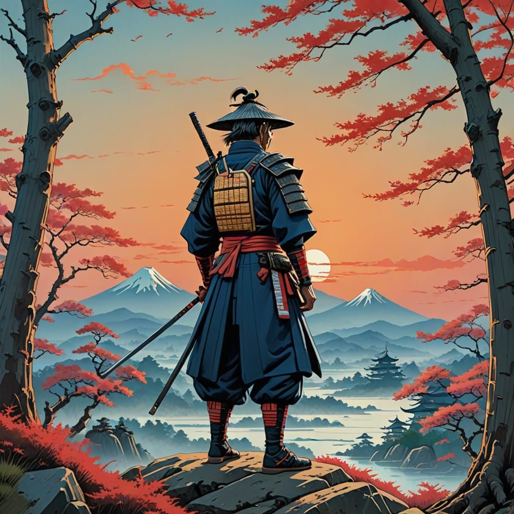 Samurai Warrior in Hokusai-Inspired Japanese Landscape