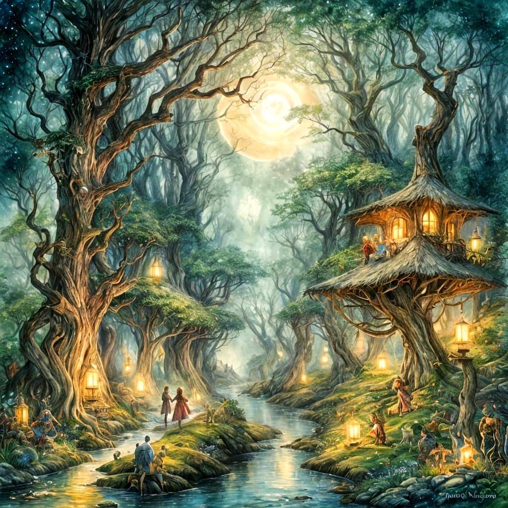 Elves Gathering in Moonlit Forest: Watercolor Painting