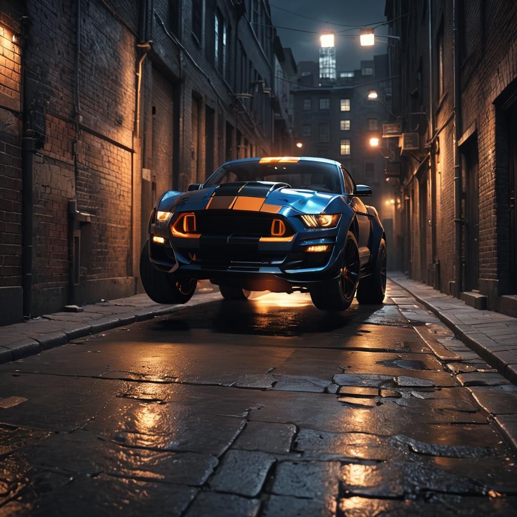 Armored Ford Shelby Speeds Through Dark Alley: 3D Rendering