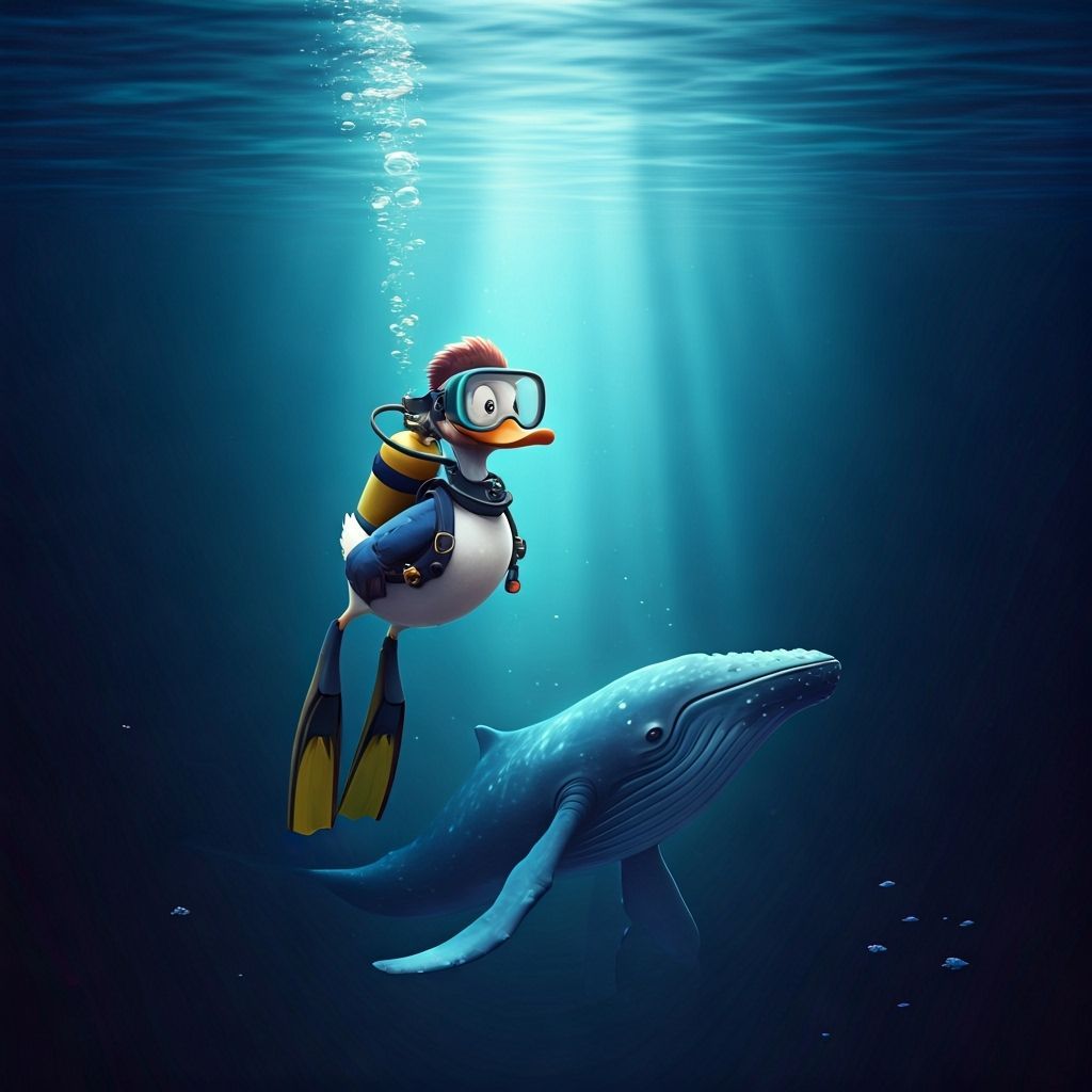 Scuba Duck and Whale: Underwater Pixar-Style Encounter
