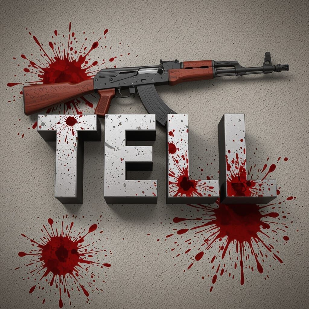 Word TELL with AK-47 and Blood Splatters