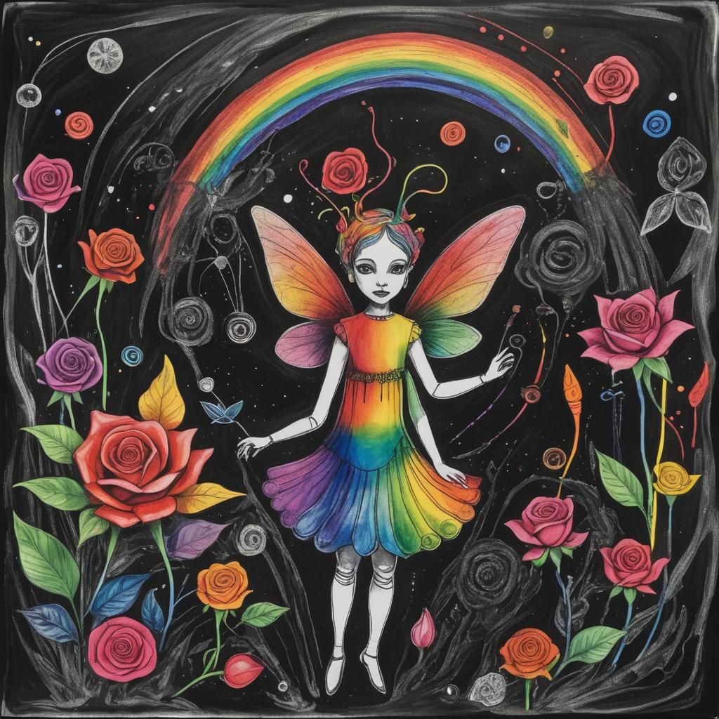 Surreal Crayon Drawing of a Fairy in Darkness