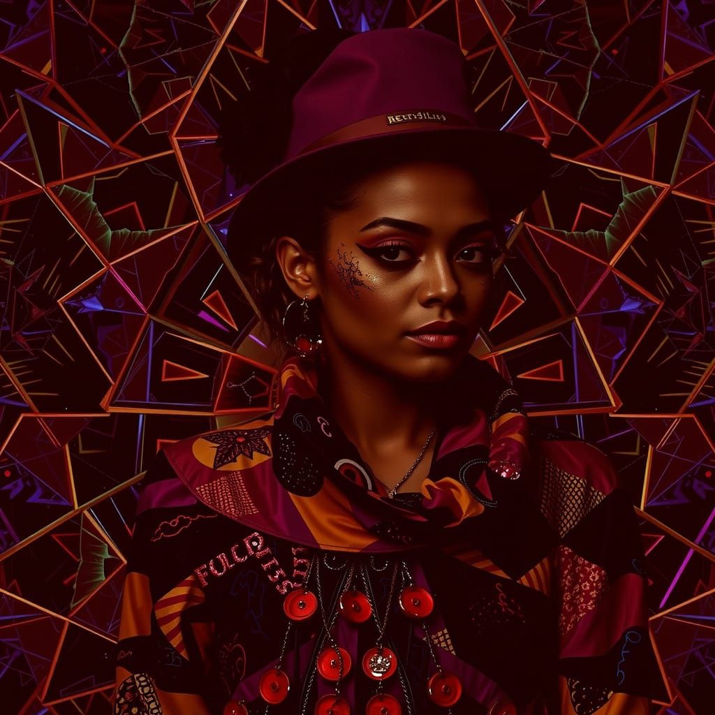 Flamboyant Woman in Clashing Patterns with Projected Overlay