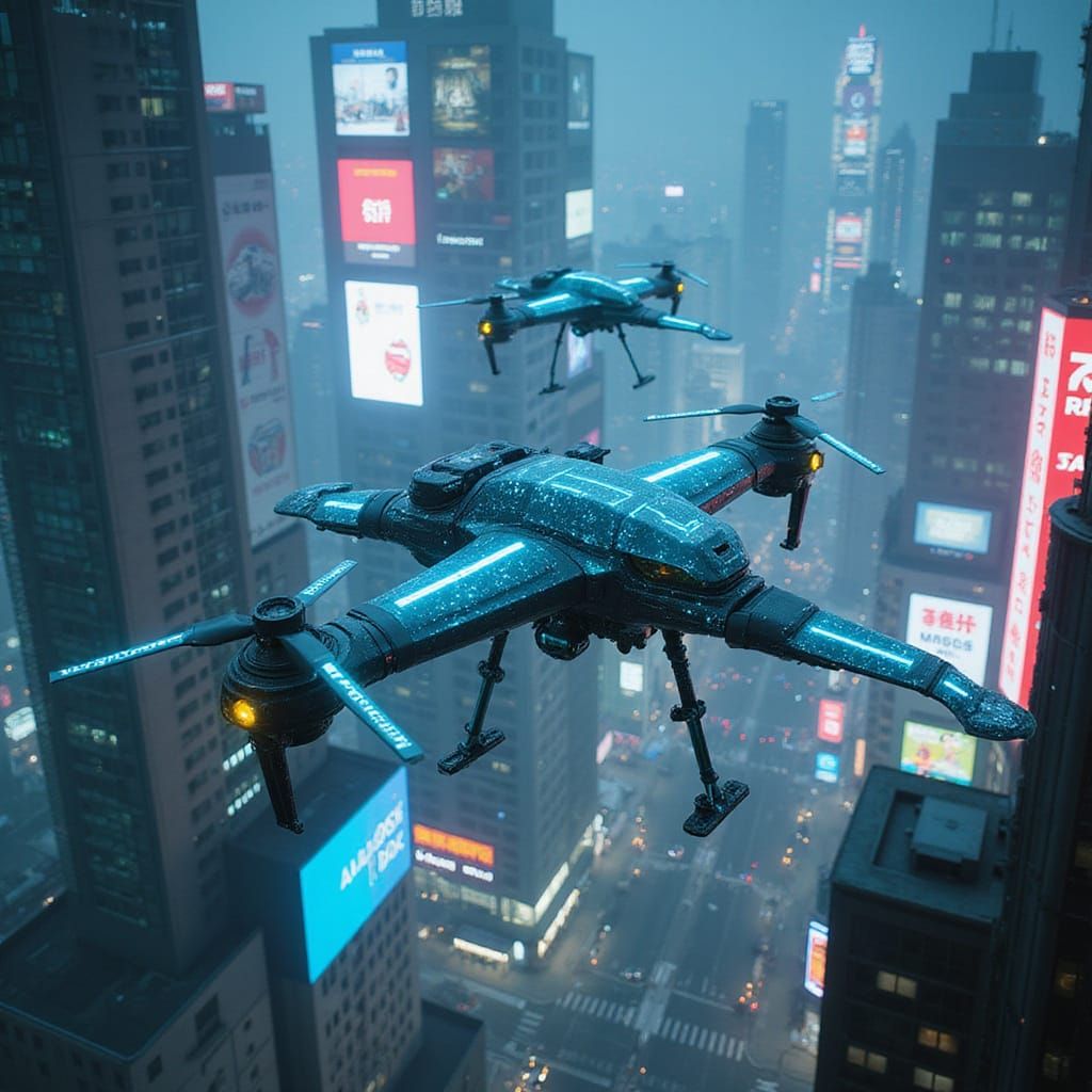 Bioluminescent Drones Navigate Cyberpunk Metropolis