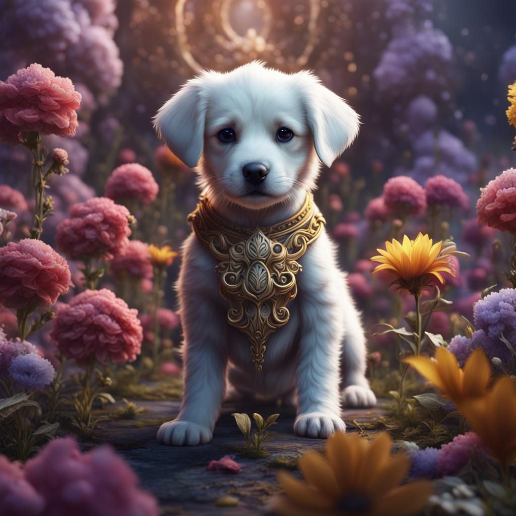 Puppy as a God in a Flower Garden