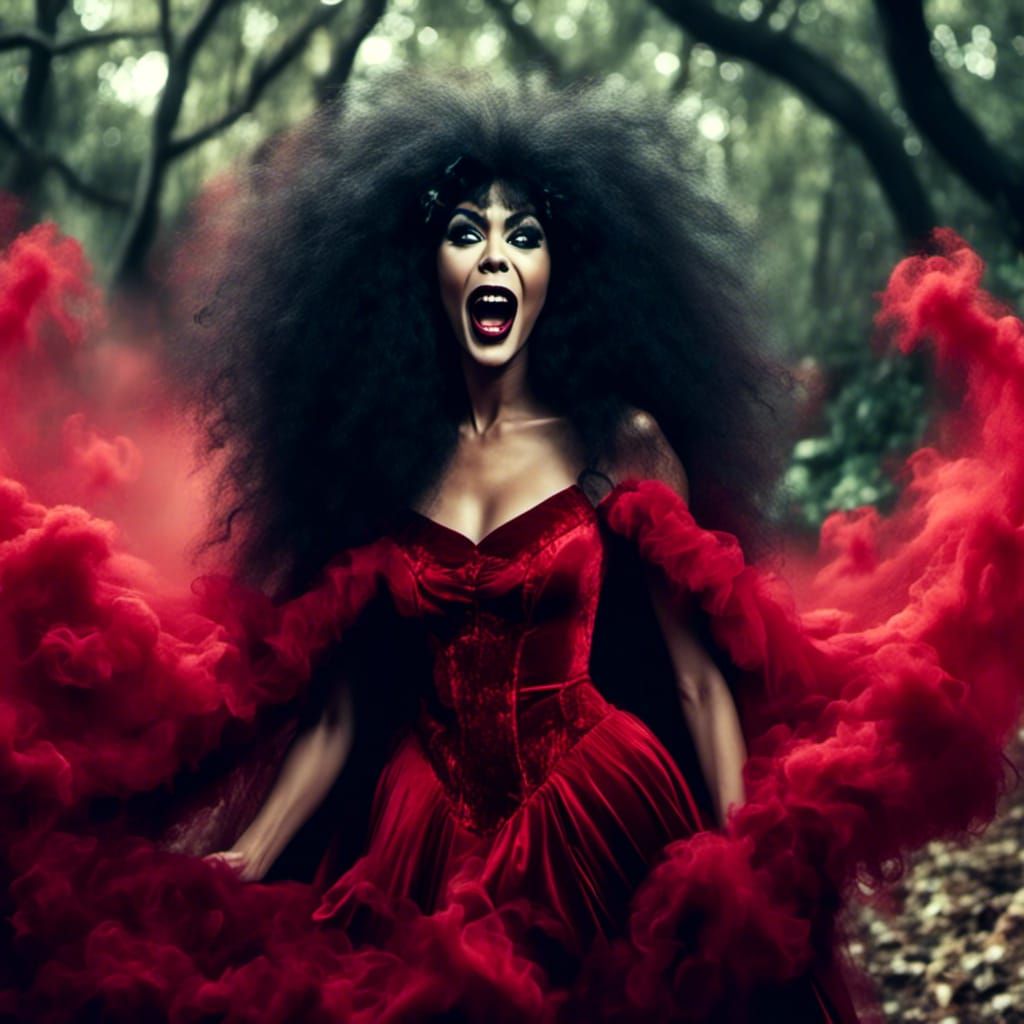 Elvira Lookalike with Fangs in 1970s Style