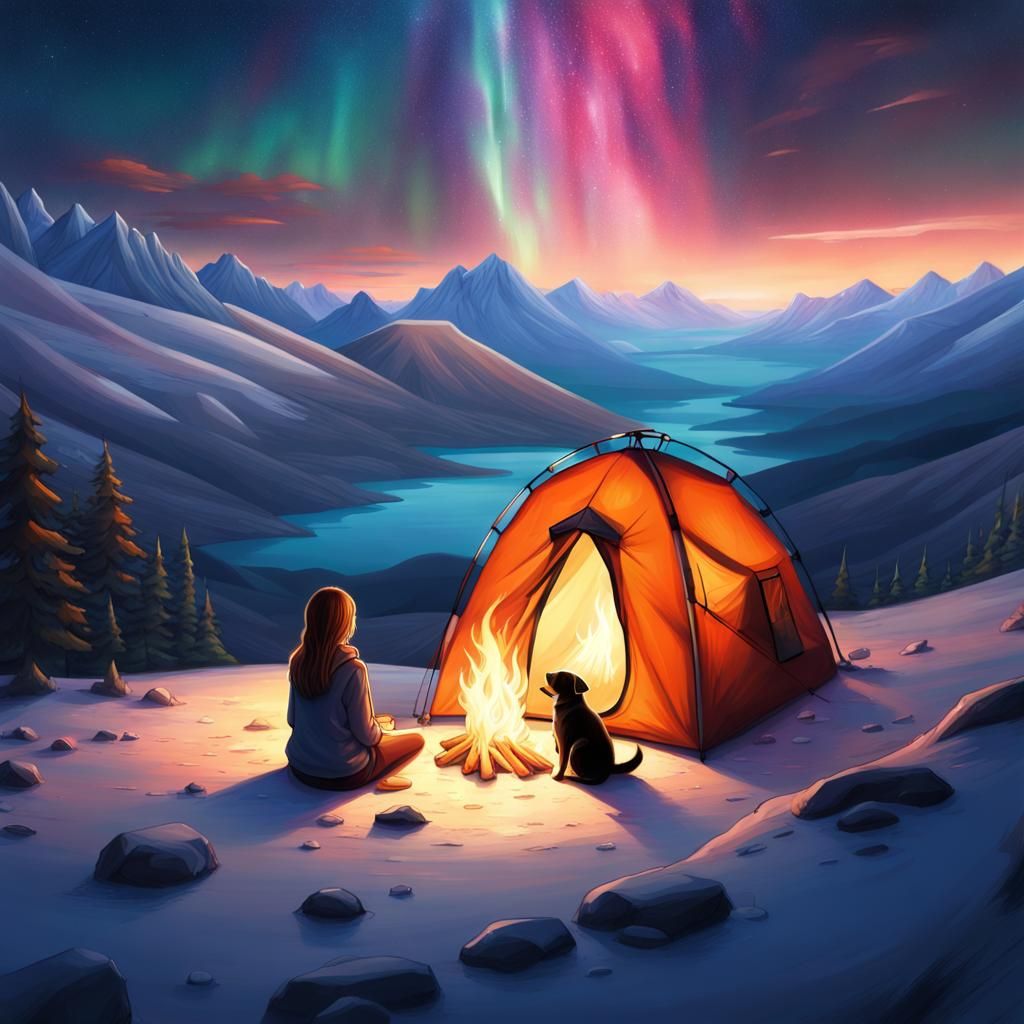Night Sky Campfire Under Aurora Lights