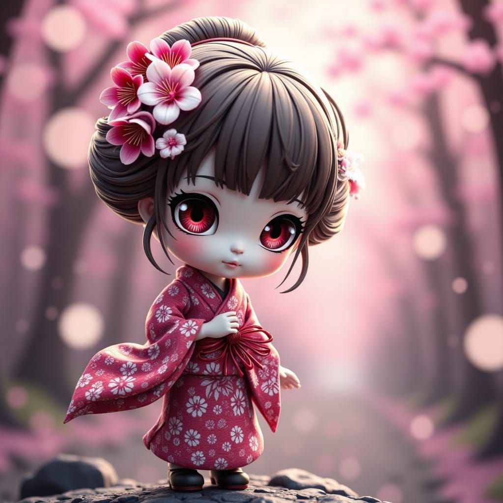 Chibi Geisha under Vibrant Sakura Blossoms