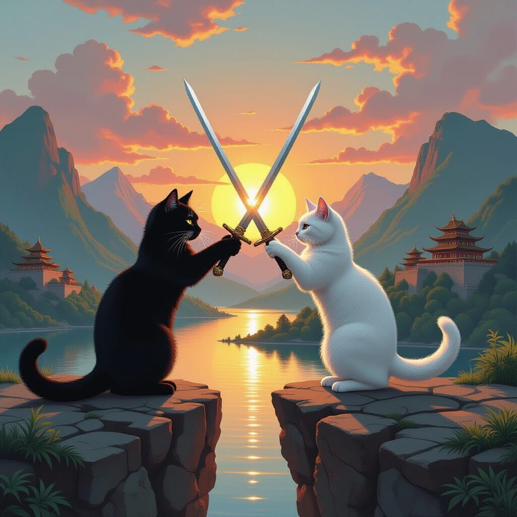 Epic Cat Battle Under Sunset Sky