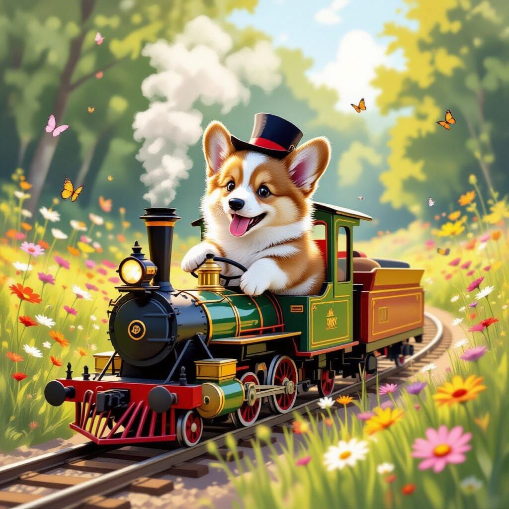 Fluffy Corgi Conductor in Miniature Steam Train Meadow