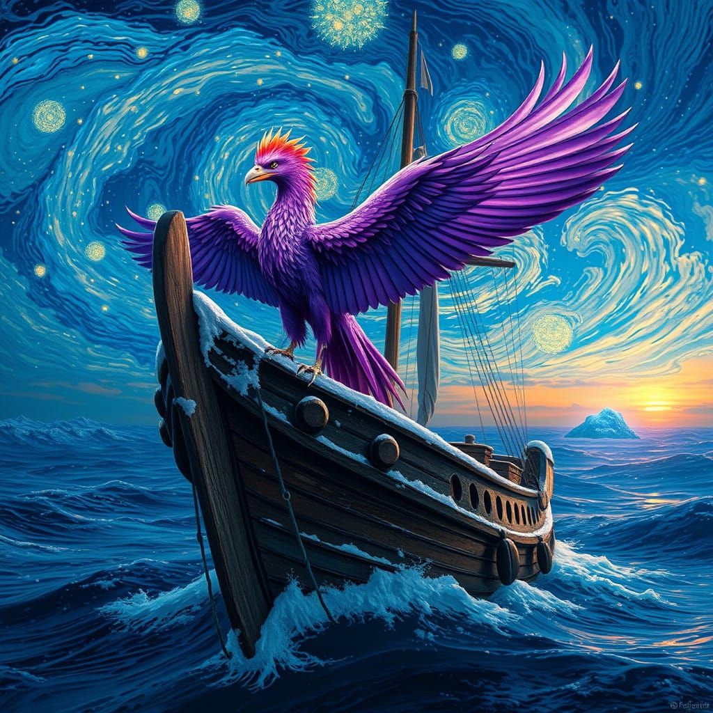 Majestic Purple Phoenix Perched on Snow-Encrusted Ship in Dr...