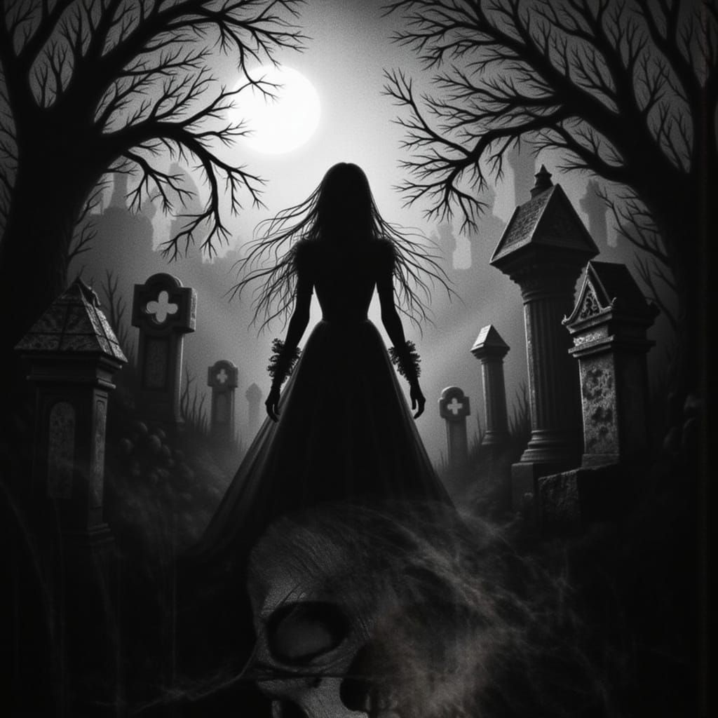 Spectral Alice in Overgrown Cemetery Under Stormy Sky