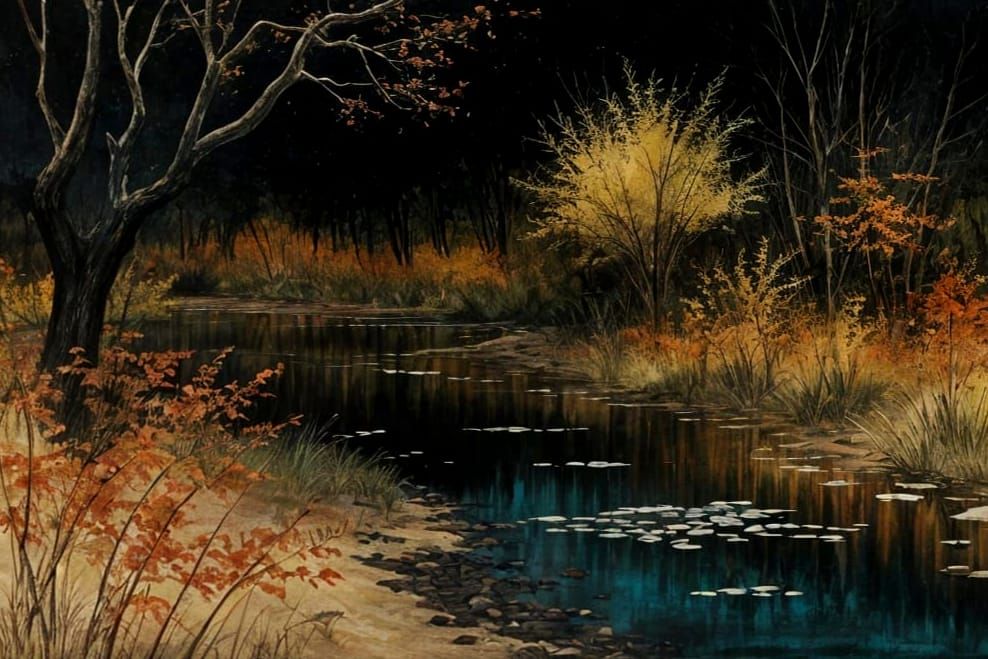 Autumn Creek in Antique Painting Style