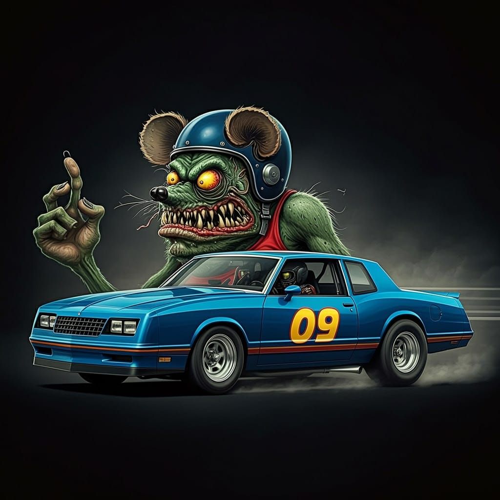 Rat Fink Monster Drives Blue 1994 Monte Carlo Hot Rod
