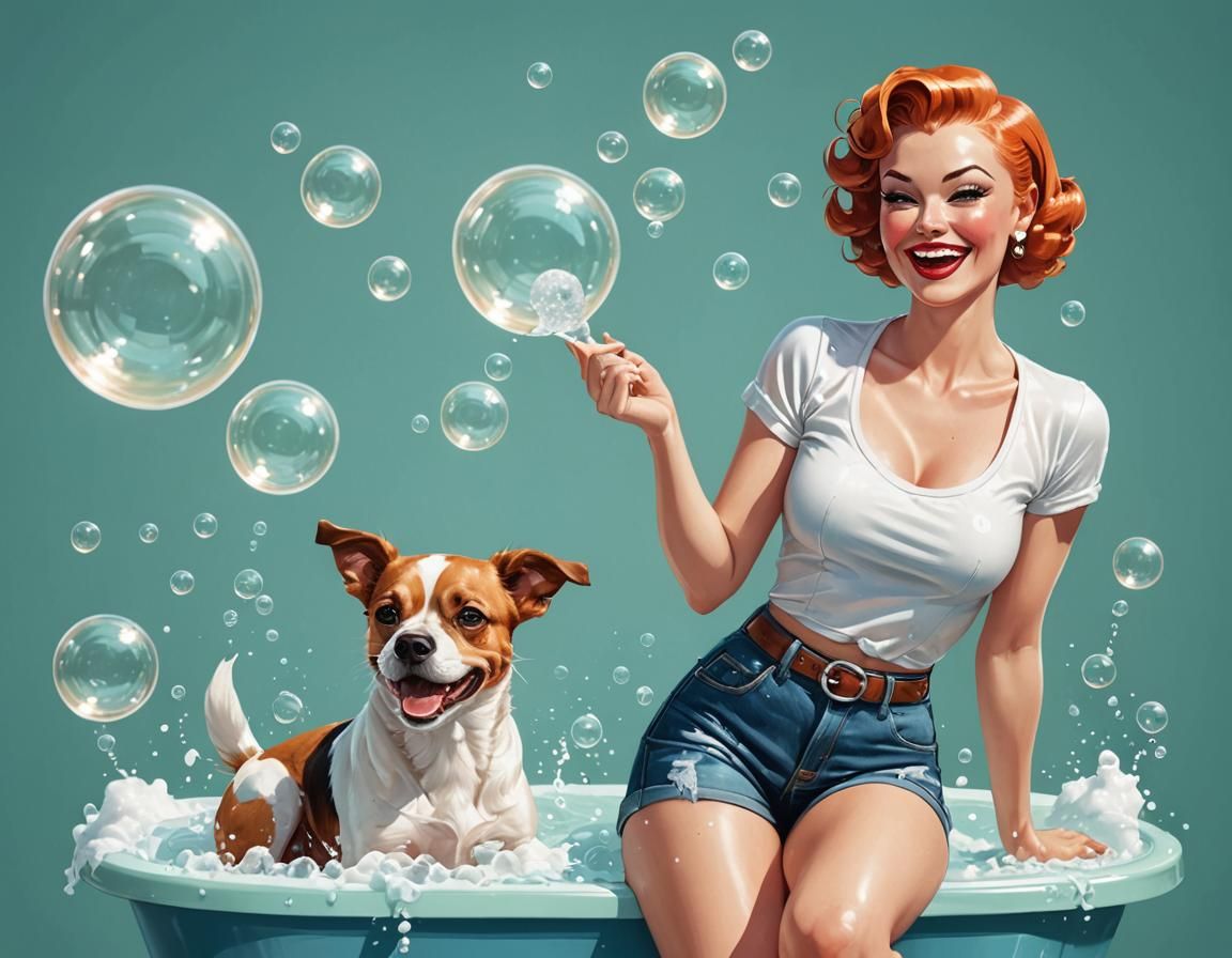 Pin-Up Girl Bathes Dog in Gil Elvgren Style