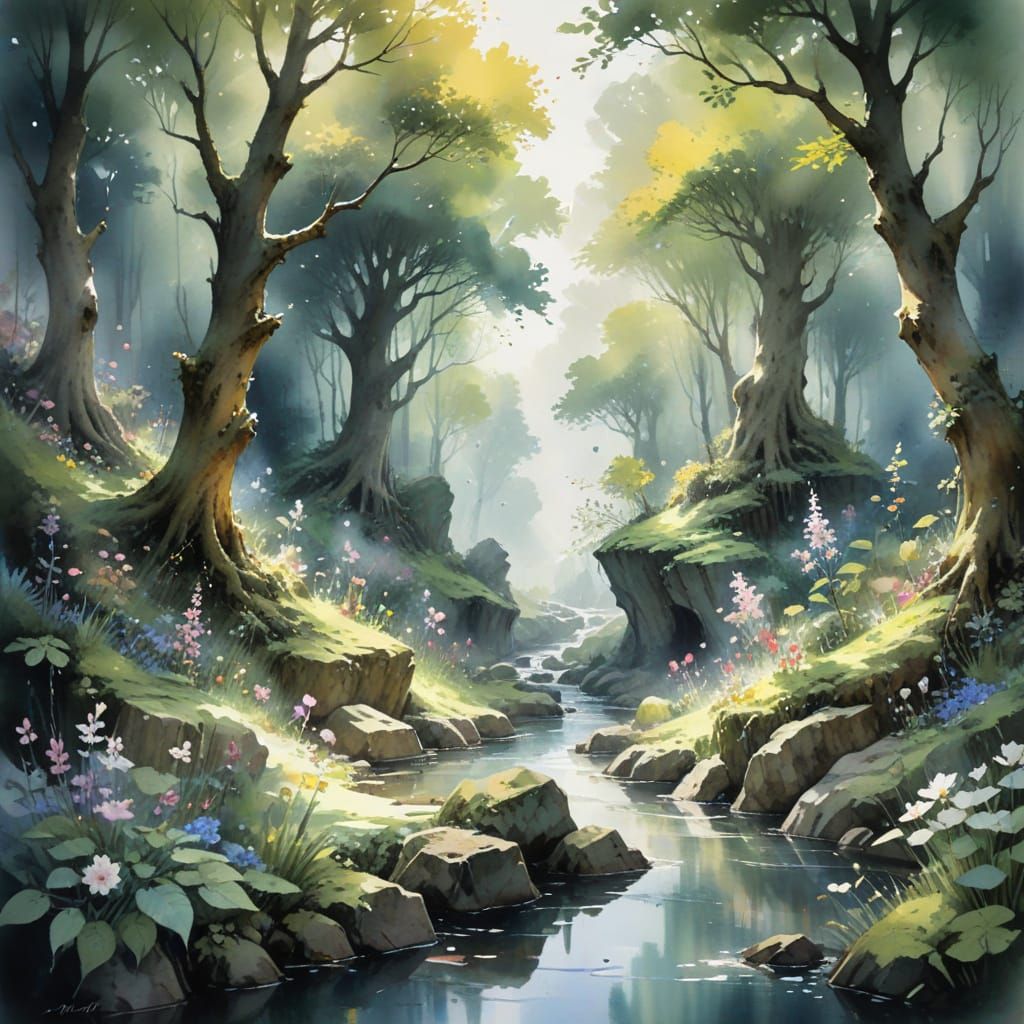Enchanting Forest Scene with Whimsical Fairy Glen