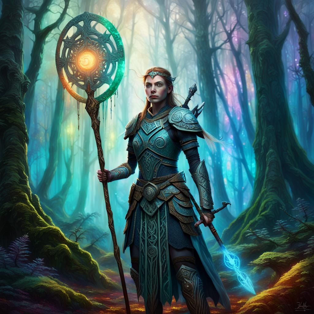 Heroic Mystic Warrior in a Dreamlike Forest Landscape