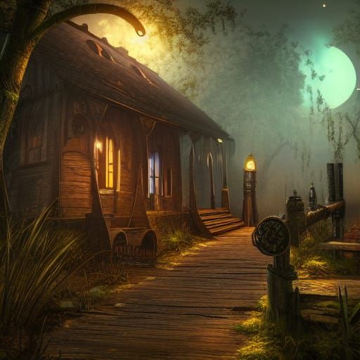 Steampunk Swamp Cottage Under Moonlight