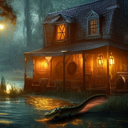 Steampunk Alligator Cottage in Moonlit Swamp