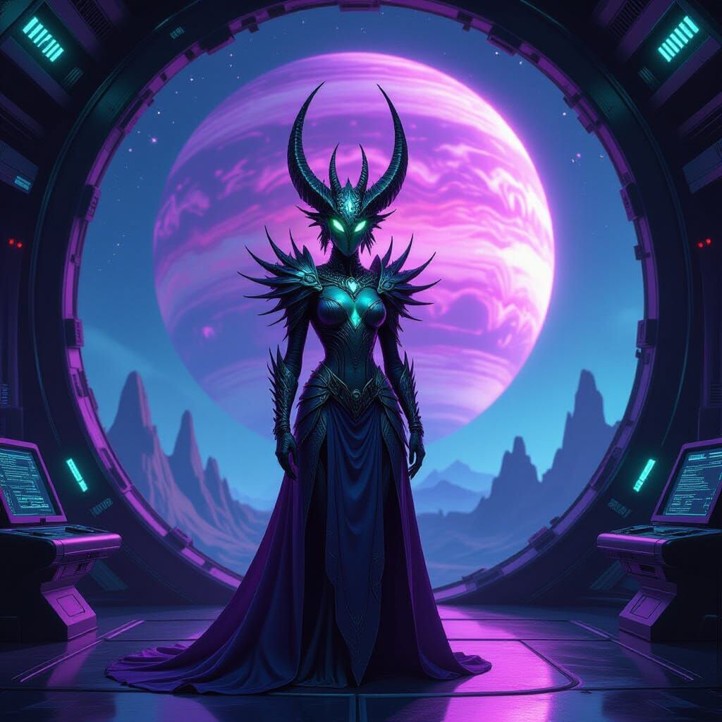 Insectoid Queen on Starship Bridge with Purple Planet
