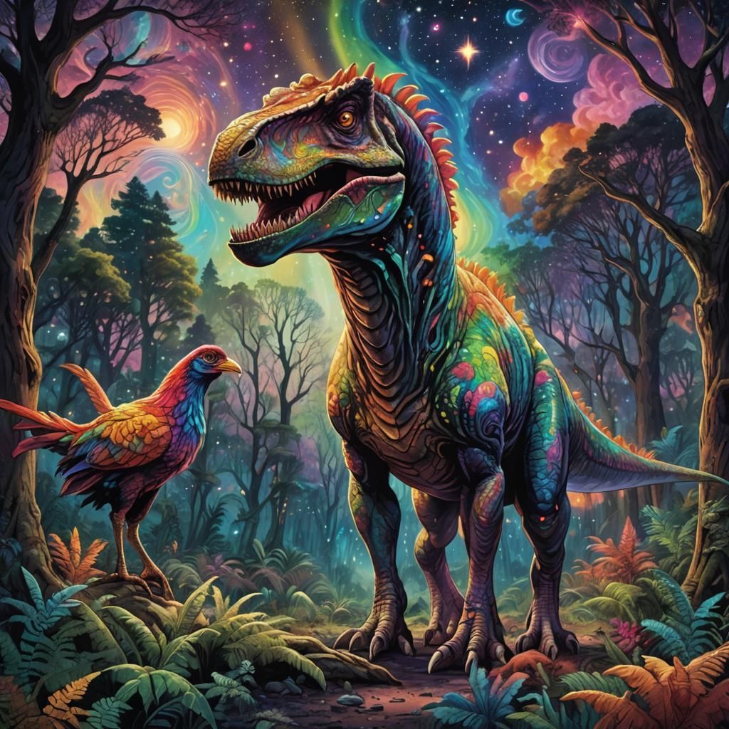 T-Rex and Chicken in Astral Forest