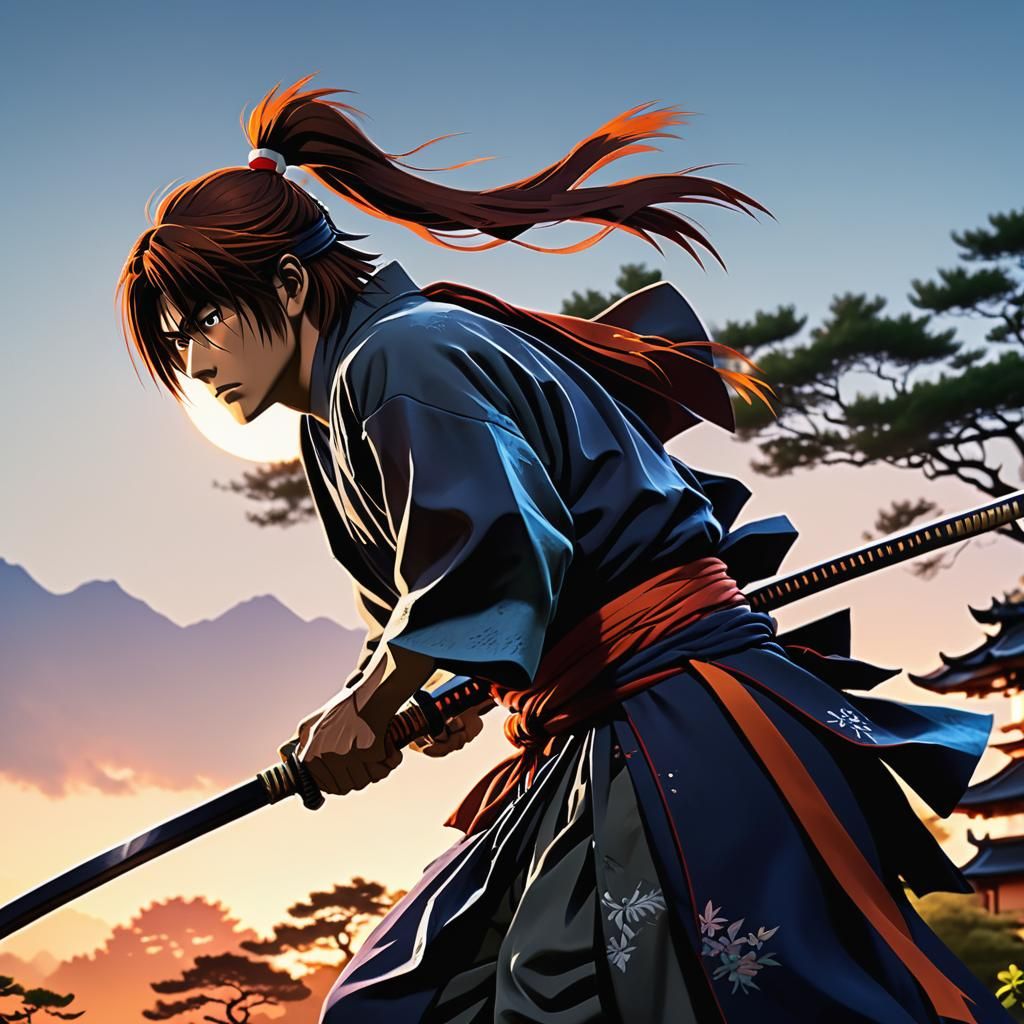 Himura Kenshin in Serene Japanese Garden