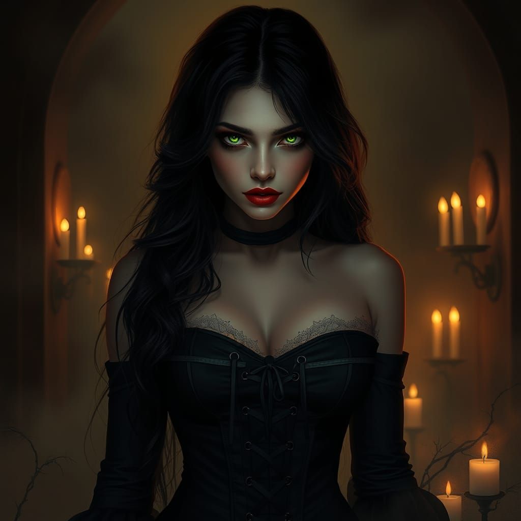 Gothic Woman in Candlelit Chamber