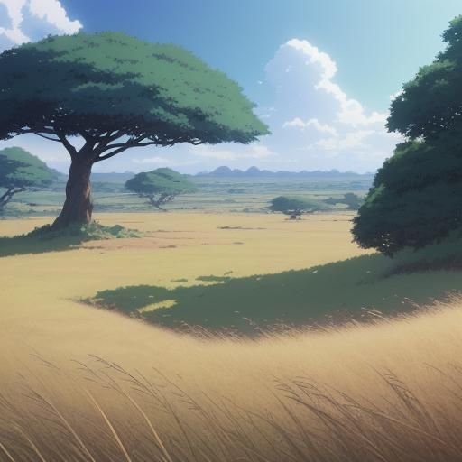 African Grassland in Studio Ghibli Anime Style