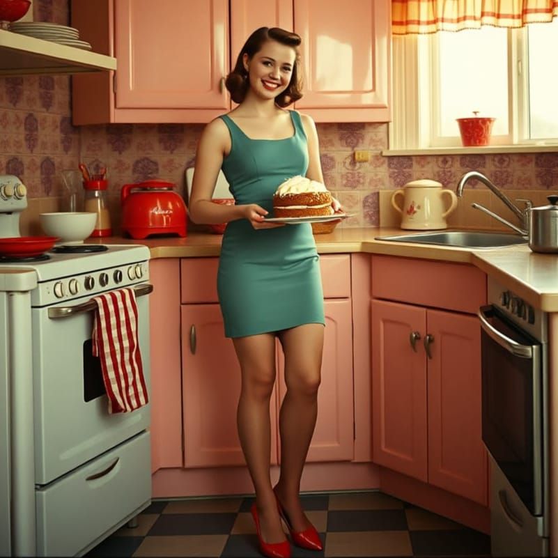 1950s Tradwife Baking Cake: Cinematic Film Still