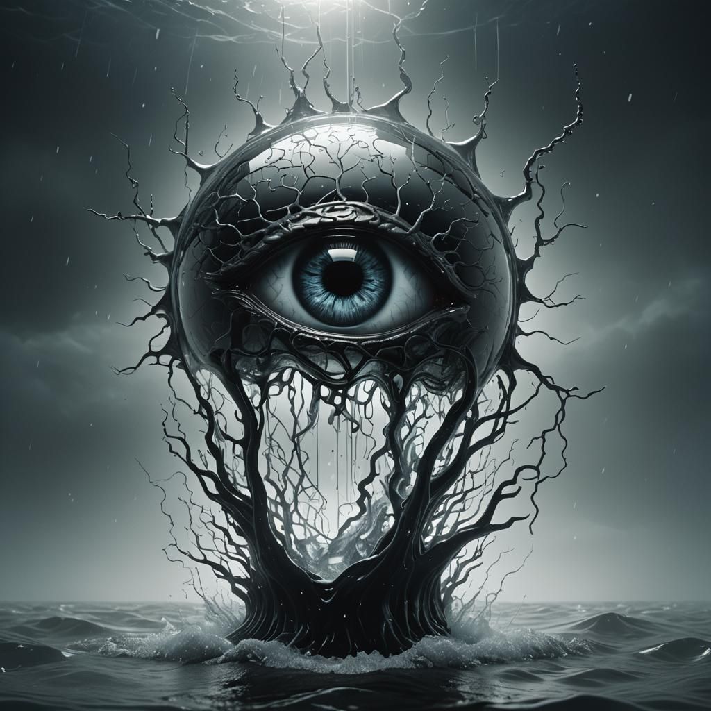 Glass 'A' Shape with Brain and Eye in Dark Fantasy Style