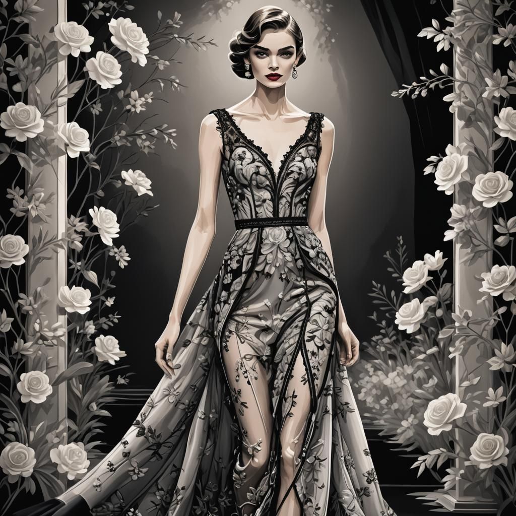 Luxury Fashion Illustration of Model on Catwalk