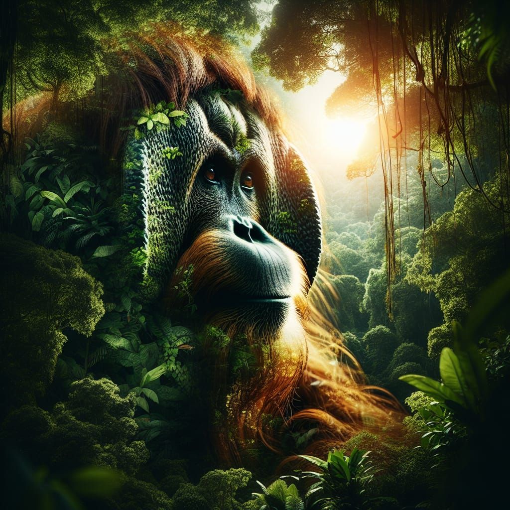a hyperrealistic double exposure with an orangutan, in the orangutan is a tropical Forrest, beautiful details and colors