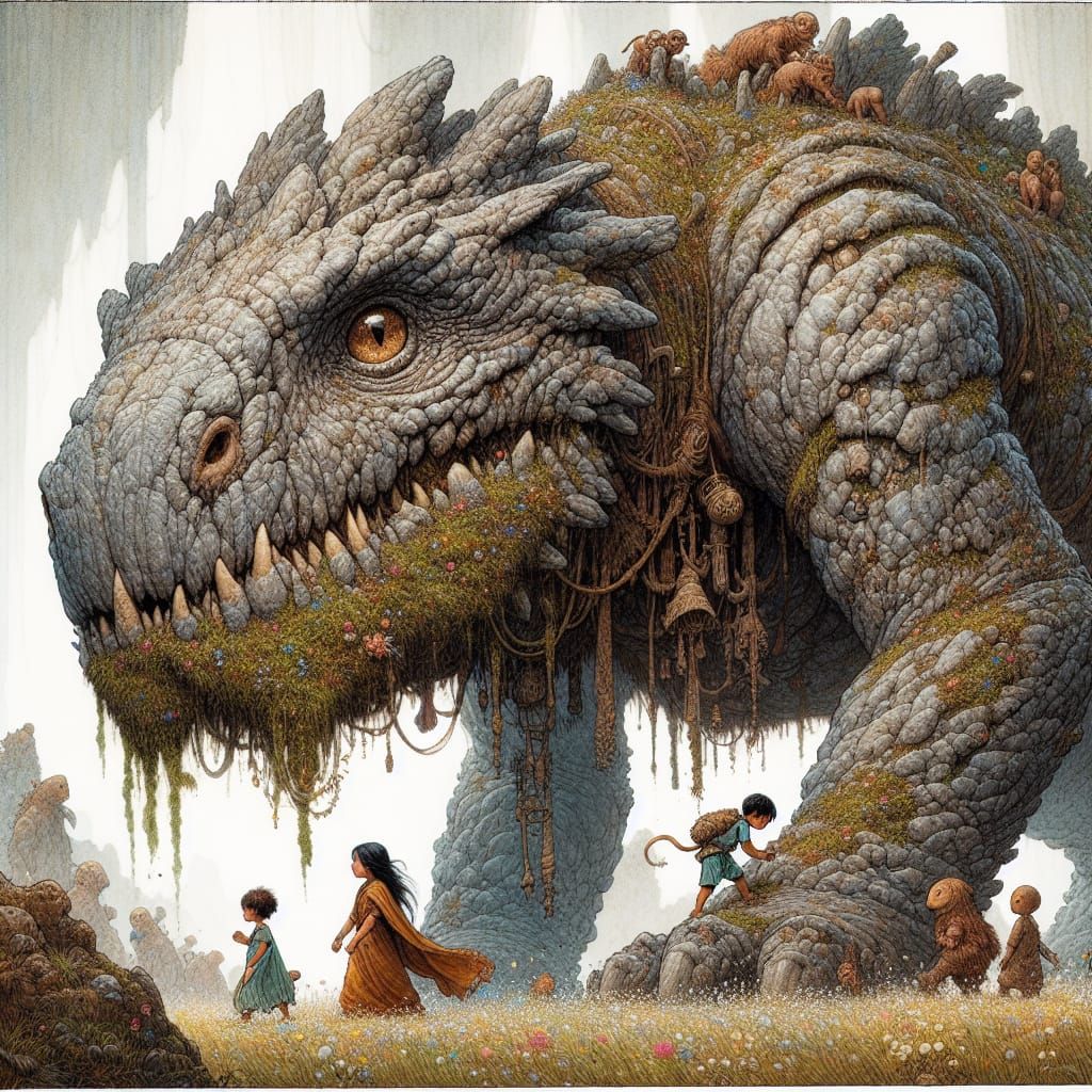 Moss Creature Playground in Fantastical Illustration Style